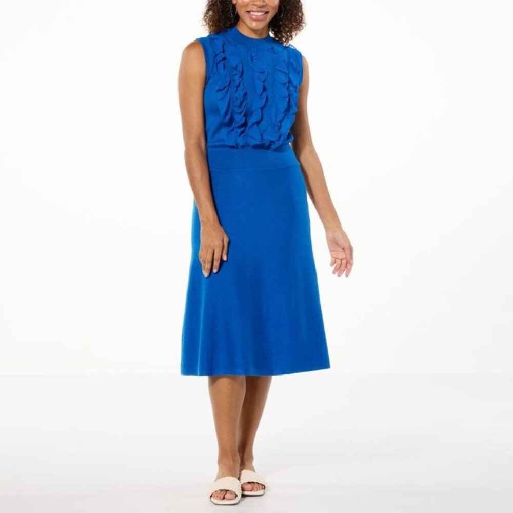 C Wonder by Christian Siriano Luxury Yarn Ruffle Mock Neck Dress Size Large Blue